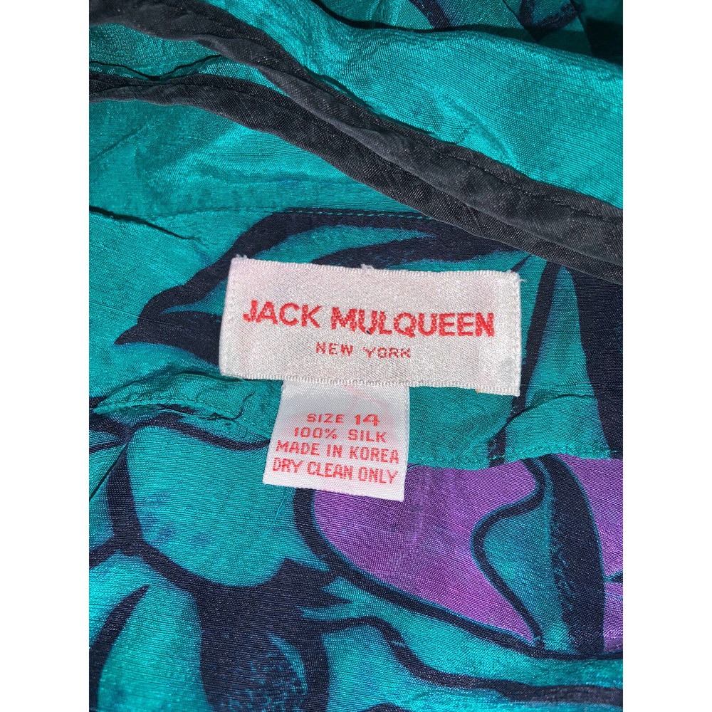Vintage 80s Jack Mulqueen Size 14 Green 100% Silk Floral Print Dress - Picture 5 of 5